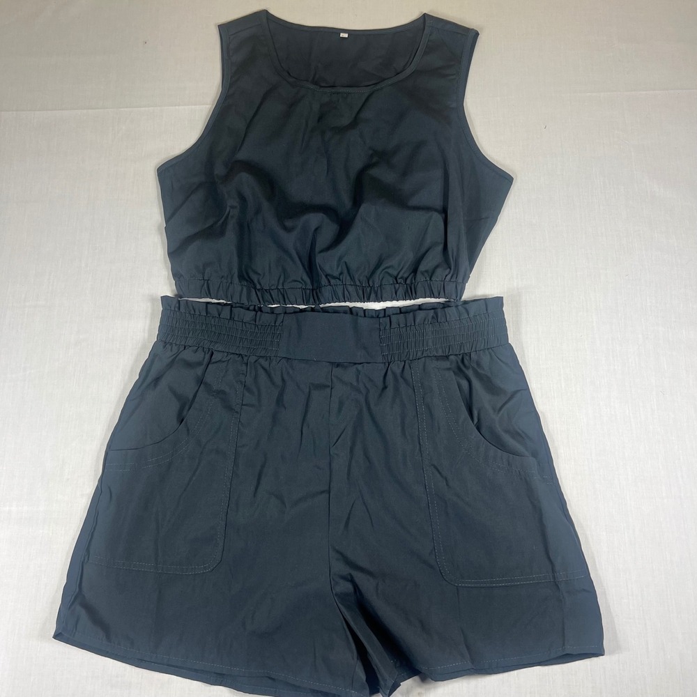 Black Two Piece Lounge Set Sleeveless Crop Top and Paperbag Shorts Small